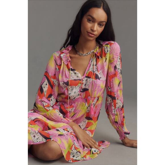 ANTHROPOLOGIE Yukiko Noritake NWT Marais Printed Chiffon Maxi Dress Canary XXS - Picture 2 of 11